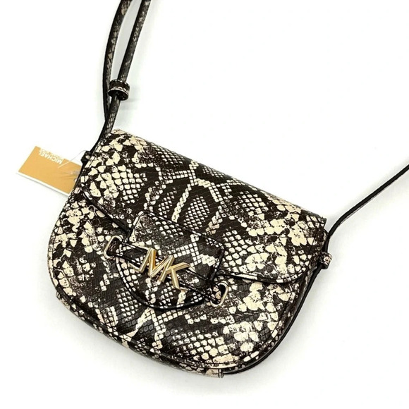 Michael Kors Small Reed Leather Saddle Crossbody Bag Snakeskin Nat/Light Cream - Picture 1 of 10